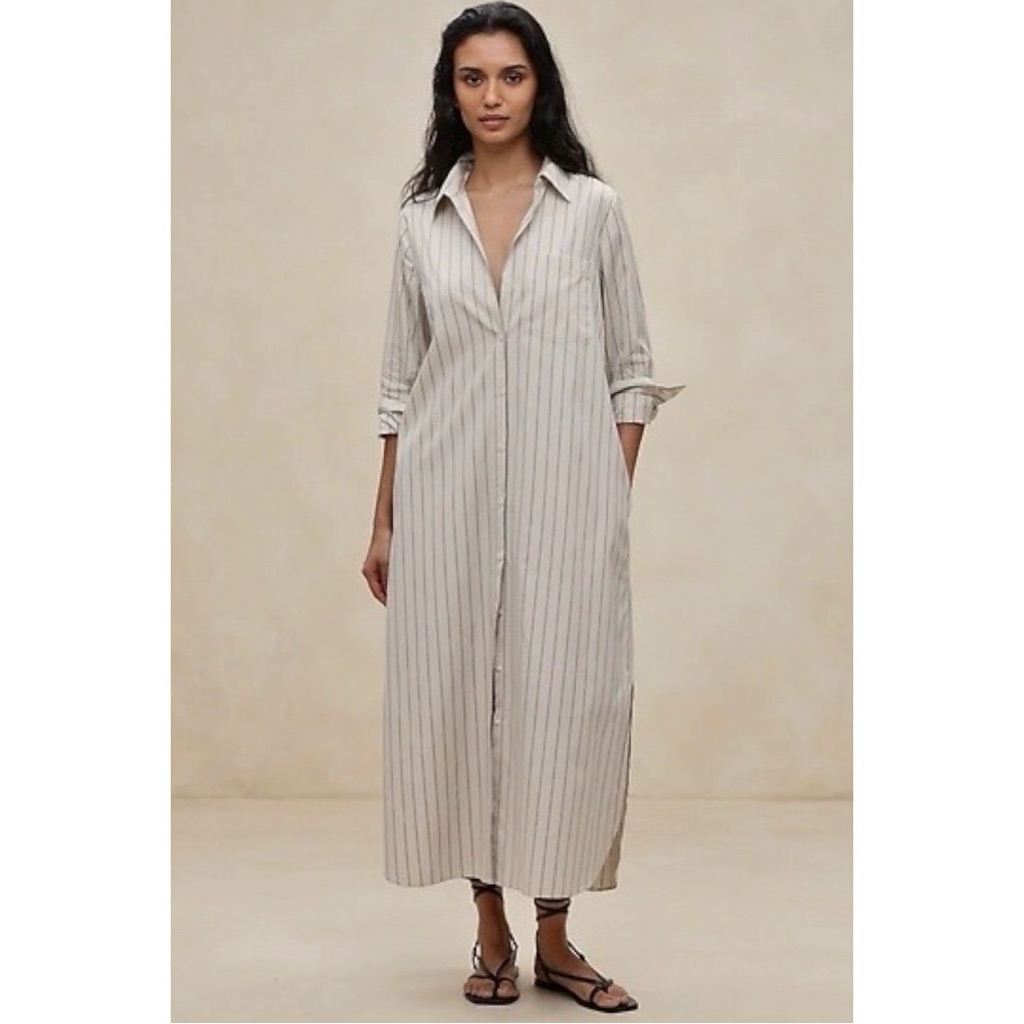 Br Banana Republic Beige Striped Cotton Poplin Loose Fit Shirtdress Maxi Dress